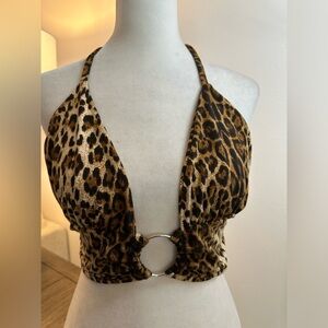 SHEIN Leopard Plunge Crop Halter Top - Size S